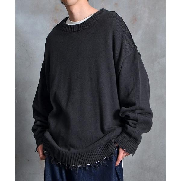 セーター ニット オーバーサイズプルオーバークルーネックコットンダメージ ニット メンズ ビッグシル...