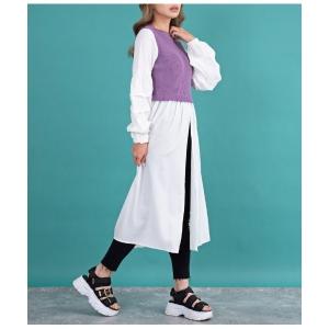 tシャツ ドッキングディープスリットロングトップスカットソー レディース