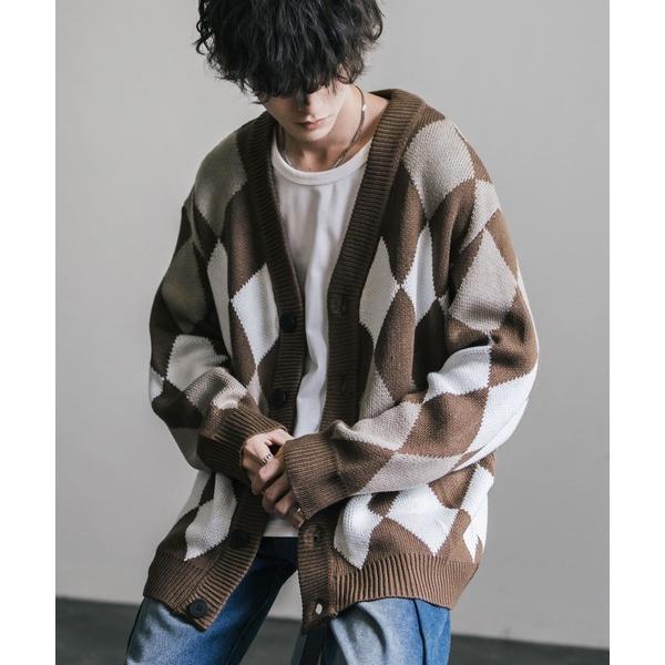 カーディガン オーバーサイズ 総柄Vネックニットカーディガン アーガイル柄/チェック柄 メンズ レデ...