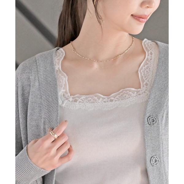 タンクトップ ノースリーブ ふちどりレーススクエアーネックタンクトップ レディース