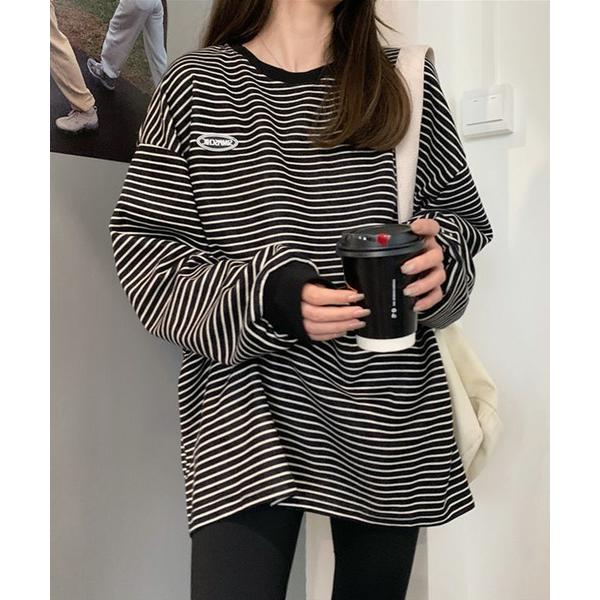 トレーナー スウェット ワンポイント ロゴ ボーダー スウェット トレーナー ロンT レディース メ...