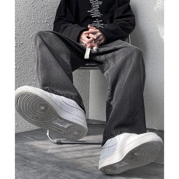 ジーンズ リラックス ワイド デニムパンツ ブラックデニム シェフパンツ メンズ レディース