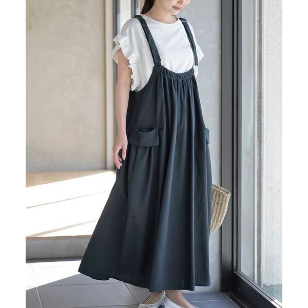 ジャンパースカート 麻混アウトポケットジャンスカート
