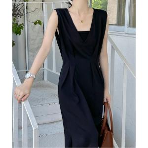 ワンピース ウエストタックノースリーブワンピース レディース