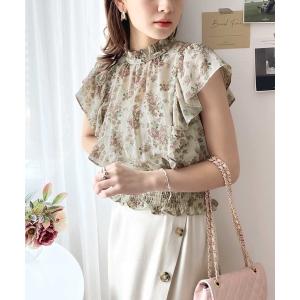 シャツ ブラウス 程よい大人の甘さ。花柄フリルノースリーブシアー素材ブラウス