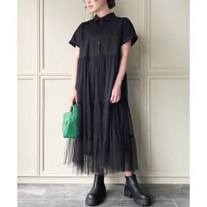 ワンピース シャツワンピース チュール半袖シャツワンピース レディース