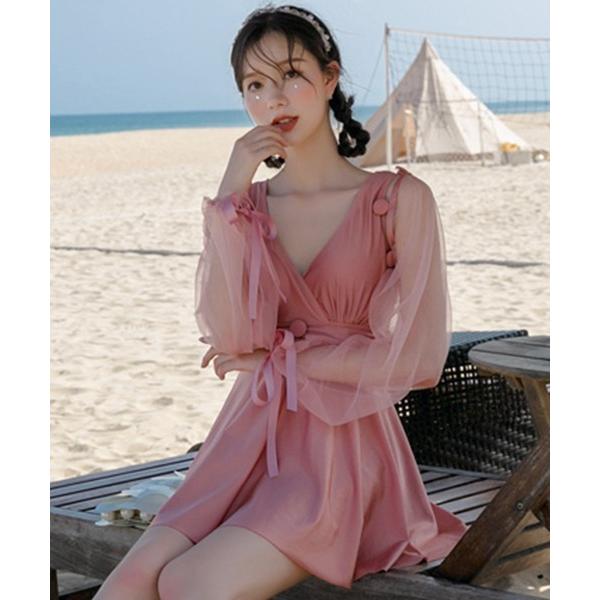 水着 レディース水着 袖が取り外せるシースルーリボンオールインワンスイムウェア レディース