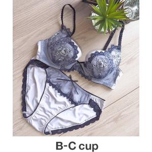 下着女性 上下セット バラ柄モチーフ×エンブロイダリーレース　B-Ccup