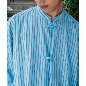 シャツ ブラウス チャイナシャツ ショートスリーブ ストライプ/無地