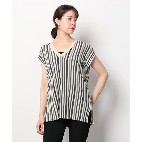 tシャツ Per sist ence/パーシエンス　麻タッチ12Gカラーストライプ　Vネックチュニッ...