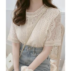 tシャツ レース半袖トップス レディース