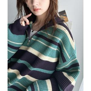 ニット 《JaVaジャバ コラボ》冬の決定版。マルチボーダー軽量ワッフルハーフジップオーバーサイズニット