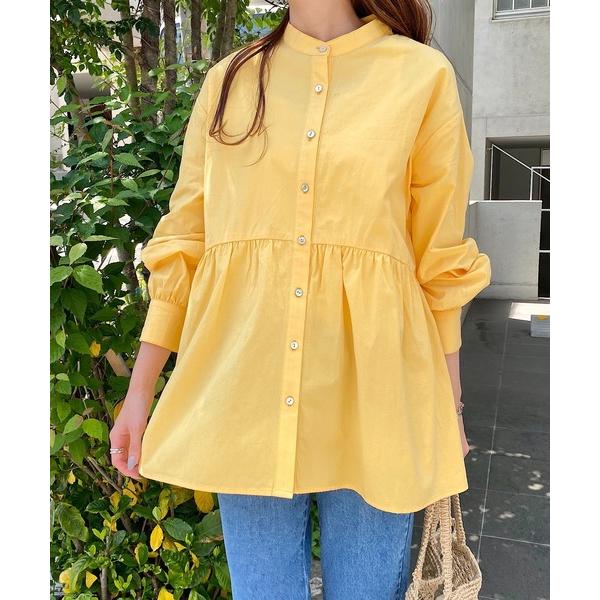ブラウス シャツ ワッシャーコットンバンドカラーペプラムシャツ レディース