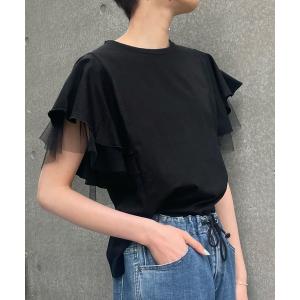 tシャツ Tシャツ 大人フェミニン　チュールフレアスリーブカットソー