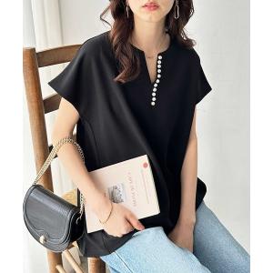 tシャツ パール調ビーズ付キーネックトップス レディース