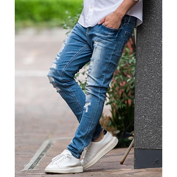 ジーンズ 「CavariA/キャバリア」ダメージ加工ストレッチスキニーデニムパンツ メンズ レディー...