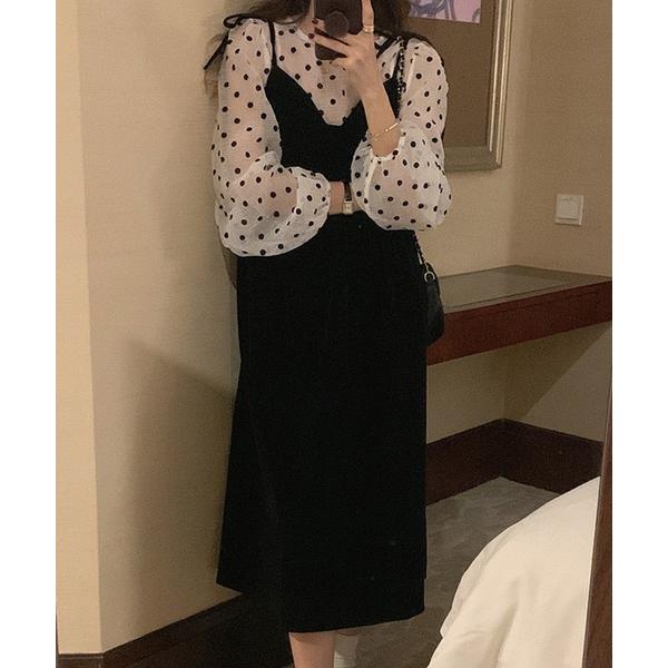 セットアップ ドットブラウス＆ベロアキャミソールワンピース　セットアップ レディース