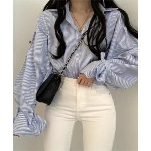 ブラウス シャツ ボリュームスリーブストライプシャツ レディース