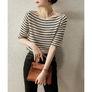 tシャツ 半袖 半袖ボーダー柄ニットトップス レディース