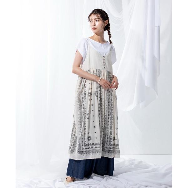 ワンピース 透け感がシーズンムードを高める繊細なエスニックな柄の綿ボイルキャミワンピース