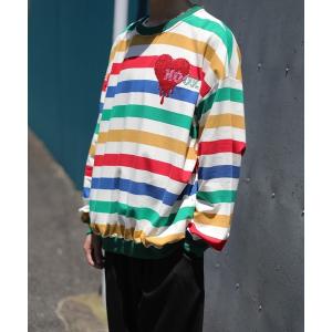 トレーナー スウェット HOOK -original- 溶けるハート刺繍レインボーボーダーリンガースウェット メンズ レディース