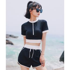 水着 レディース体型カバー水着　半袖ダイヤ柄トップス+ショートパンツ 2点セット レディース