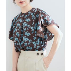 シャツ ブラウス 花柄＆無地スタンドネックパイピングスリーブブラウス