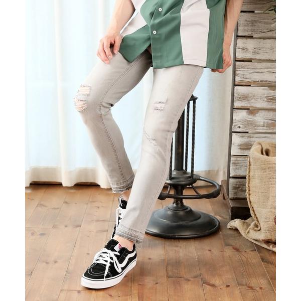 ジーンズ ダメージ加工 スーパーストレッチ アンクルデニムパンツ メンズ
