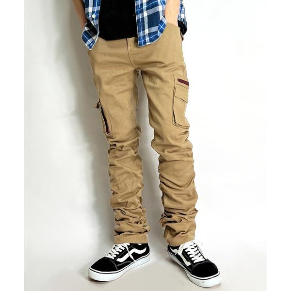カーゴパンツ カーゴパンツ スリム スキニーパンツ モード デザイン サイドギャザーシャーリング ミ...