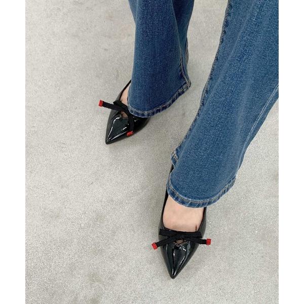 パンプス リボンエナメルフラットシューズ