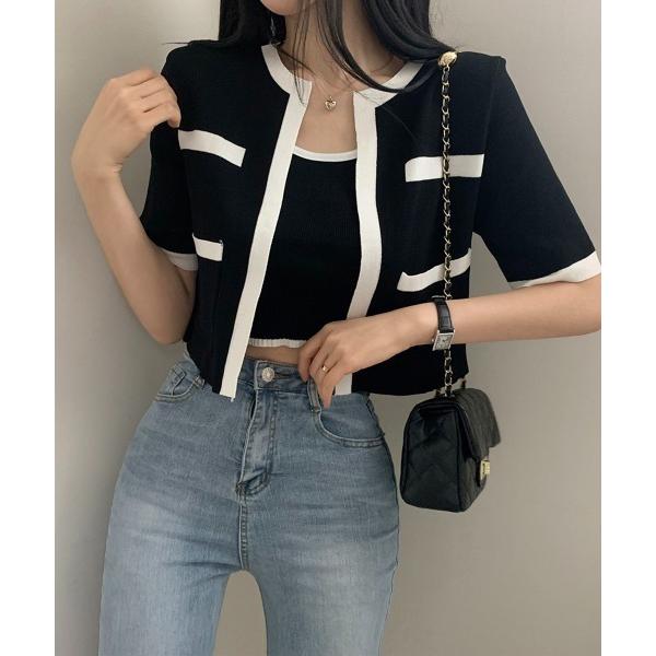 カーディガン 配色クロップドニットカーディガンセット レディース