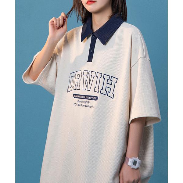 ポロシャツ ポロ ビッグシルエット カレッジロゴ プリント オーバーサイズ 半袖ポロシャツ レディー...