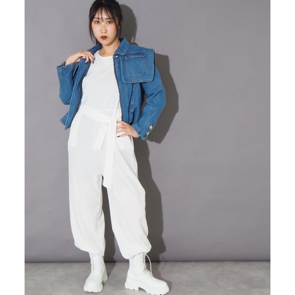 オールインワン フラッタースリーブベルテッドオールインワン レディース