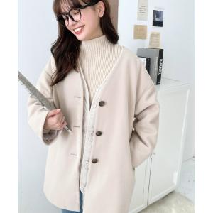 「マルチウェイ」キルティングライナー付きニットメルトンVネックノーカラーミドルコート2Pセット レディース