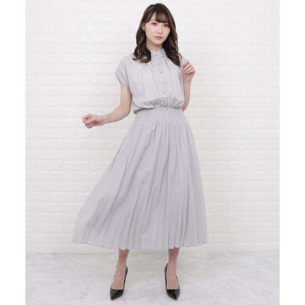 ワンピース バンドカラーフレンチスリーブプリーツワンピース