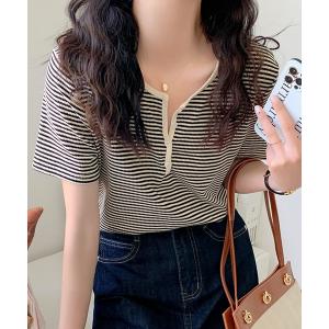 ヘンリーネック tシャツ 半袖 ボーダーヘンリーネックトップス レディース
