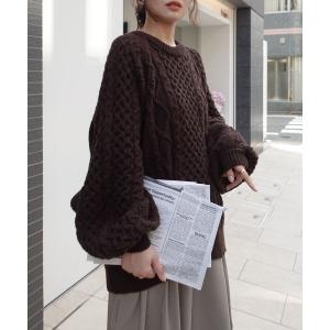 ニット セーター ボリュームスリーブケーブルニット レディース