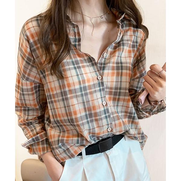 ブラウス シャツ 夏 長袖チェックシャツ レディース