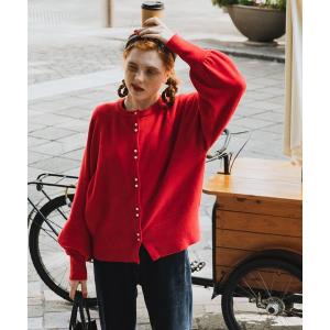 カーディガン ラグランボリュームスリーブ パールボタンニットカーディガン レディース