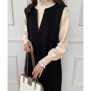 ジャンパースカート メルトンスリットキーネックジャンスカ