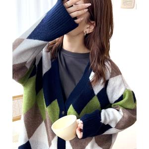 カーディガン 愛され女性の決定版。マルチアーガイル柄ニットカーディガン