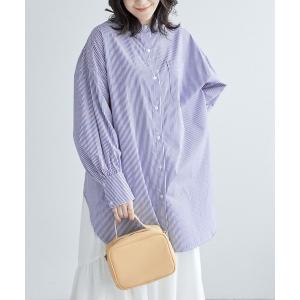 シャツ ブラウス ボリュームスリーブオーバーサイズバンドカラーシャツ