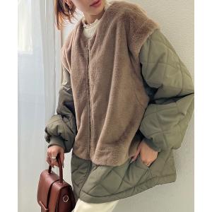 ジャケット ブルゾン もこもこ癒され。ファー×キルティング切替えジップブルゾン