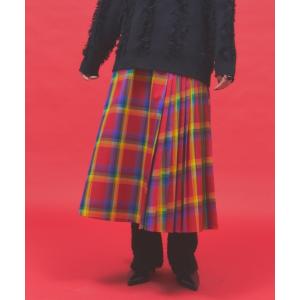 ロング スカート アシンメトリーチェックプリーツスカート