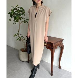 ワンピース ジャンパースカート ストレッチジョーゼットキーネックワンピース