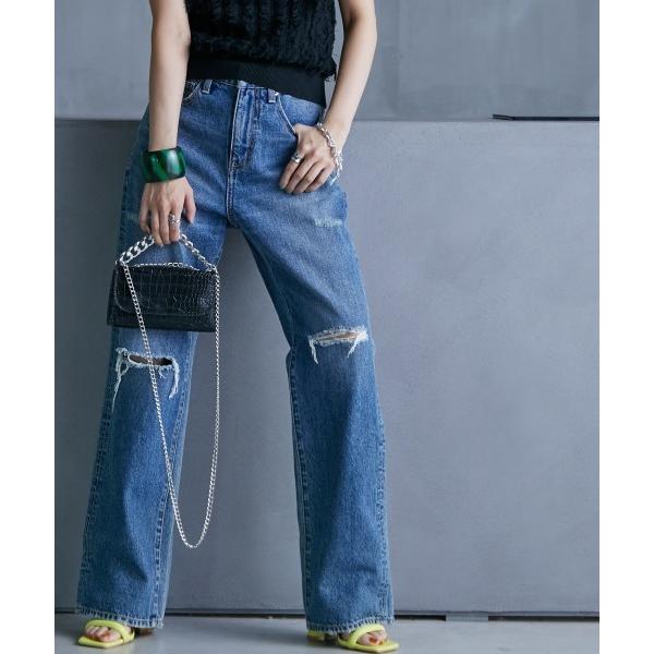 ジーンズ デニム デニムパンツ 「大きいサイズ」綿100％クラッシュ加工ワイドストレートデニムパンツ...