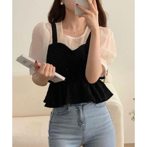 ブラウス シャツ 「半袖/長袖 選べる袖丈」ビスチェレイヤード風ペプラムトップス レディース