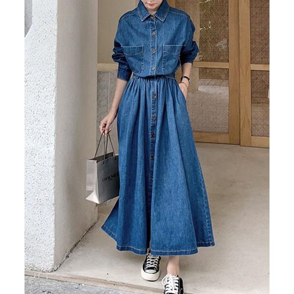 シャツワンピース ウエストマークデニムシャツロングワンピース