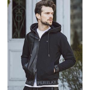 パーカー 1PIU1UGUALE3 RELAX(ウノピゥウノウグァーレトレ)ハーフレザースウェットパーカー メンズ レディース