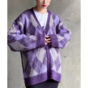 カーディガン 「90年代ライク」モヘアライクアーガイル柄シャギーニットカーディガン レディース